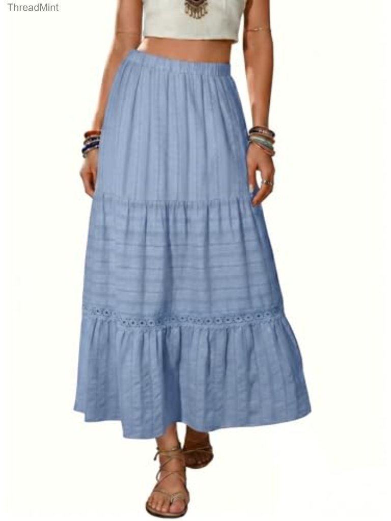 Boho Crochet Lace Tiered High Waisted A-Line Flowy Maxi Skirt Cotton